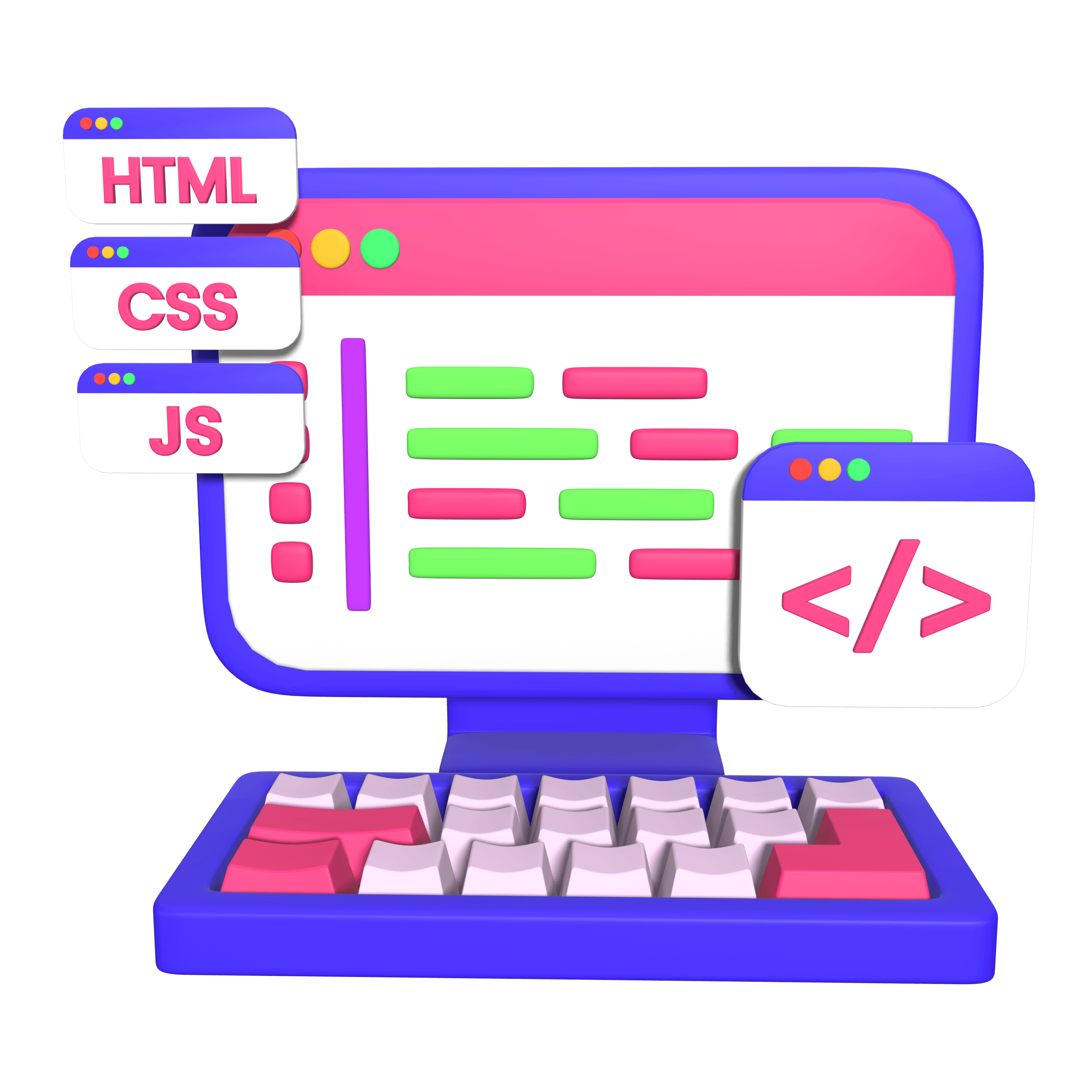 image of a computer with hovering programming languages like HTML etc